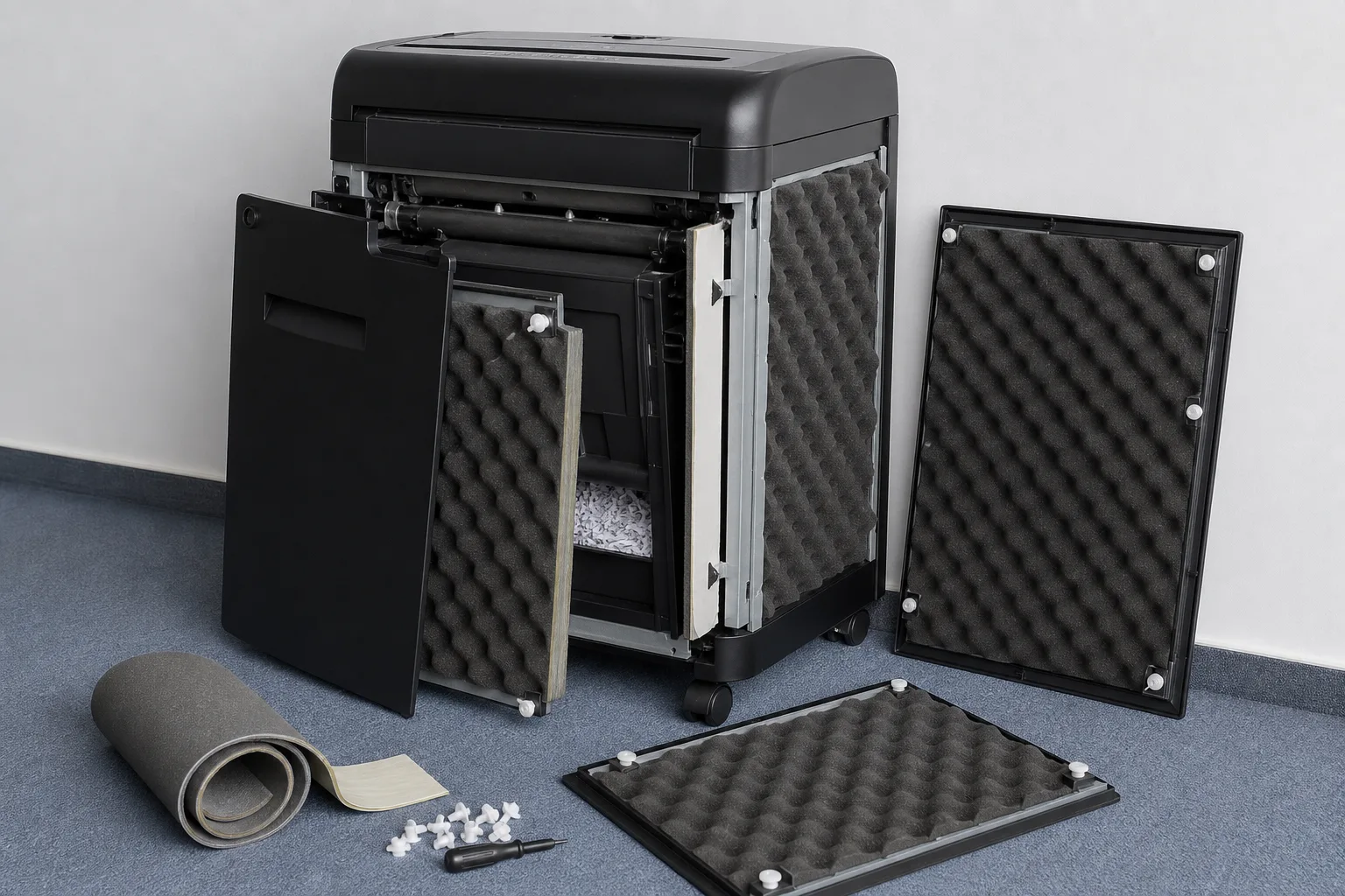 Aktenvernichter mit Schallschutzmatten nachruesten: Montageideen
